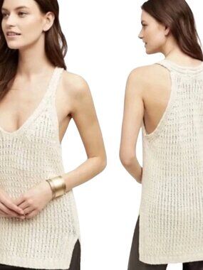 Moth Cream Knit V-Neck Sleeveless crochet Sunidra Tank Top